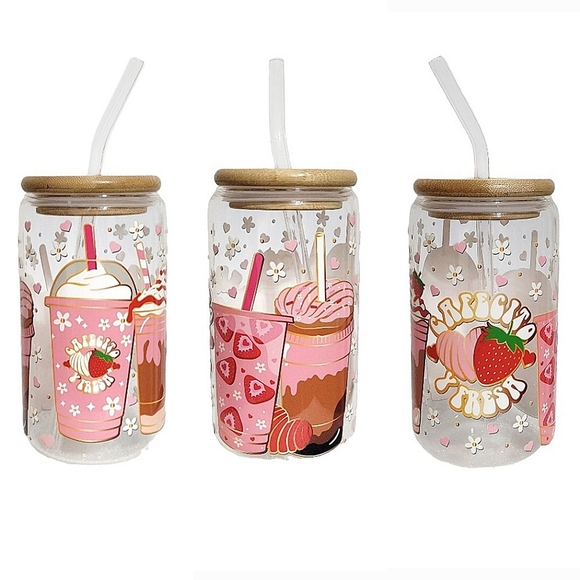 Cafecito Y Fresa Glass Tumbler Iced Coffee Cup 16oz Pink Design - Picture 1 of 5